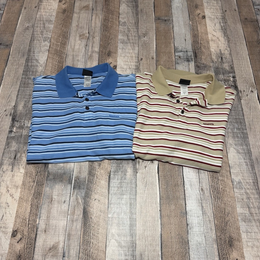 Patagonia Polo Shirt Mens Medium Lot Of 2 Striped Organic Cotton Casual Preppy